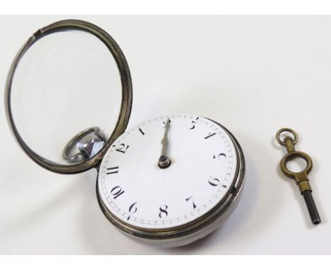 Silver Open faced pocket watch by Moses Homewood, black Roman numerals on a white enamel dial, with key.