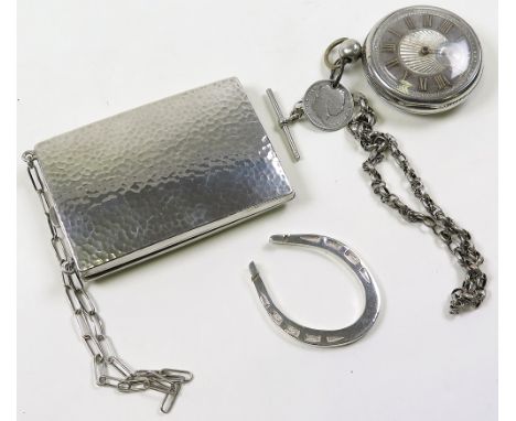 Mixed lot of White Metal/Silver items: Horseshoe, Compact with Sovereign holders and Silver Gents Pocket watch with chain (ne