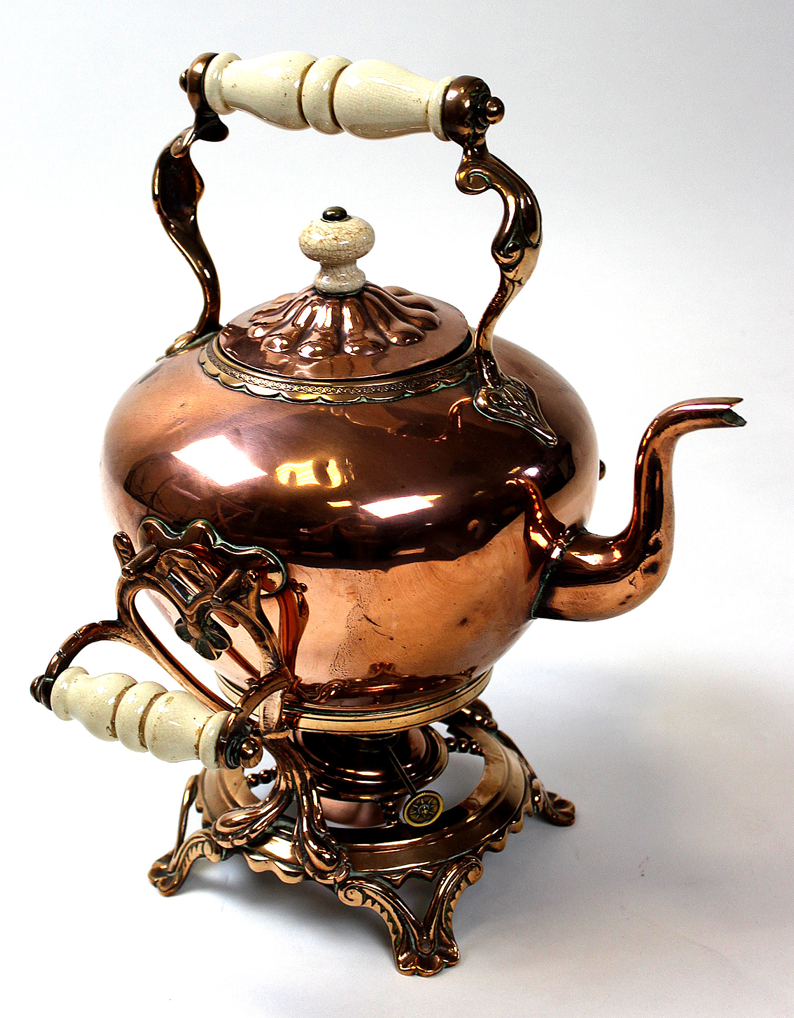 A Victorian Copper Kettle on stand with burner, ceramic handles and