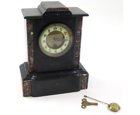 Large slate mantle clock with marble surrounds (with key), lacking base
