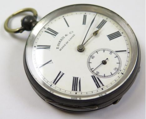 Silver 0.800 Gents pocket watch E. Harris & Co. white enamel dial with black Roman numerals