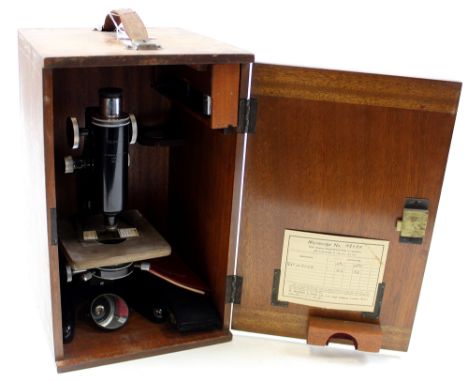 Monocular microscope by W. Watson & Sons Ltd (no. 98787), marked "Service" to neck, in original box with key, together with t