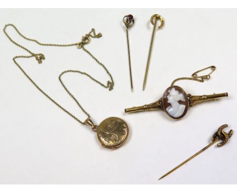 Three 9ct/15ct Gold stick pins, 9ct Gold Cameo bar Brooch, Round locket on a chain weight 11.2 grams 