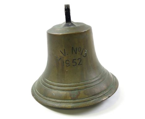 Large 20th century brass ships bell from the light vessel no.13, height 11 inches, width 12 inches. The vessel was built in D