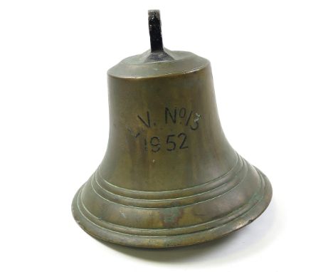 Large 20th century brass ships bell from the light vessel no.13, height 11 inches, width 12 inches. The vessel was built in D