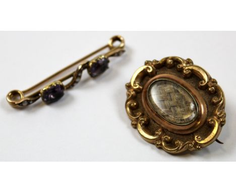 Yellow metal Plaited Hair Memorial brooch plus Amethyst and seed pearl set bar brooch