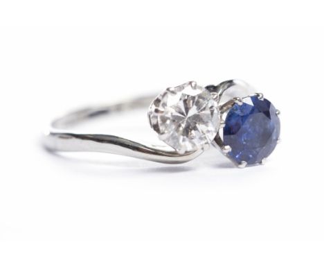 SAPPHIRE AND DIAMOND TWO STONE RINGthe two stones in a twist setting, marked platinum and eighteen carat gold, size O