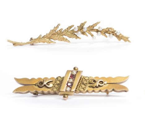 FIFTEEN CARAT GOLD PEARL SET BROOCHin the form of a foliate spray; along with a Victorian garnet and pearl brooch, in nine ca