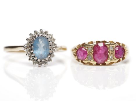 BLUE AND WHITE GEM SET RINGalong with a Victorian synthetic ruby and diamond ring (2)