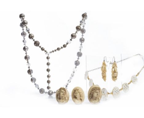 GROUP OF VICTORIAN AND OTHER JEWELLERYcomprising a three unmounted cameos, each carved in high relief to depict a female figu