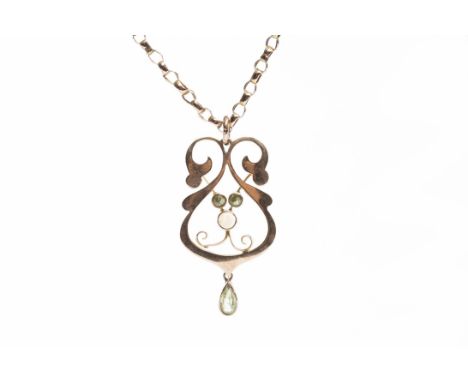 EDWARDIAN NINE CARAT GOLD PENDANTset with an opal and peridots, on an unmarked chain, 5.5g gross