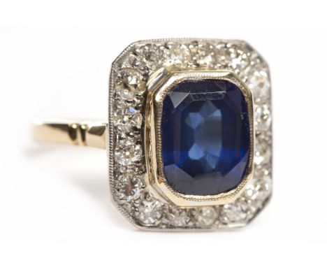 SAPPHIRE AND DIAMOND RINGthe central rectangular sapphire approximately 8.7x7.3mm, surrounded by old brilliant cut diamonds, 