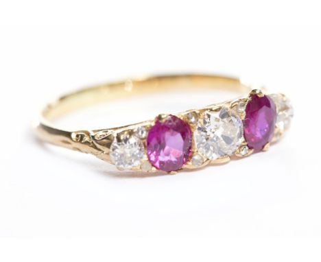 VICTORIAN RUBY AND DIAMOND RINGthe pierced boat shaped setting with alternating old brilliant cut diamonds and oval rubies, u