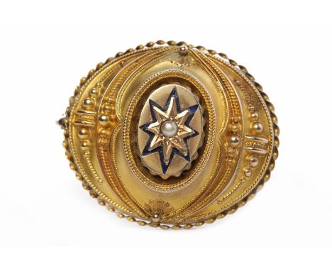 VICTORIAN NINE CARAT GOLD ENAMELLED CUSHION BROOCHof oval form, with central pearl set star motif, with section to the revers