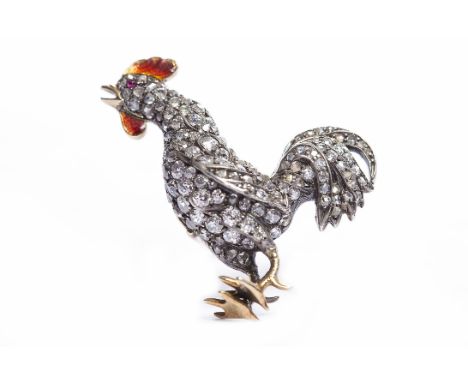 EARLY TWENTIETH CENTURY DIAMOND AND ENAMEL SET COCKEREL BROOCHpossibly French, pave set to the body, tail and head with old r