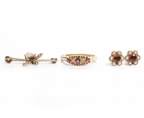 VICTORIAN EIGHTEEN CARAT GOLD RUBY AND DIAMOND RINGalong with a ruby and pearl set insect brooch, unmarked, and a pair of pea