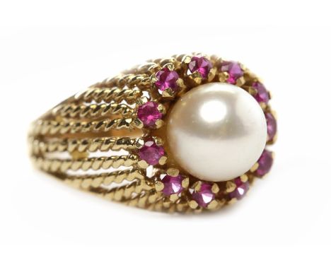 1960s PEARL DRESS RINGset with a single white spherical pearl 7.3mm diameter, surrounded by pink gems, possibly synthetic rub