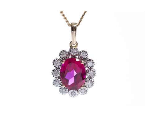 RUBY AND DIAMOND CLUSTER PENDANTthe central oval ruby surrounded by round diamonds, in eighteen carat gold, on an eighteen ca