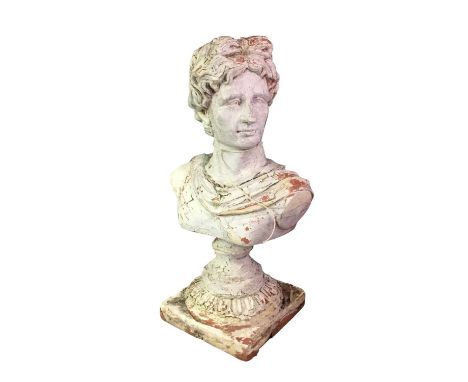 GROUP OF FOUR GARDEN ORNAMENTS, comprising three stone effect models of cherubs and a stone effect Roman bustlargest 58cm hig