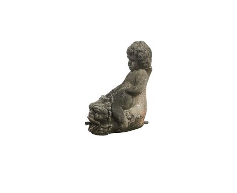 GROUP OF THREE MODERN GARDEN ORNAMENTS, comprising a stone water feature cherub riding a fish, and two other stone effects or