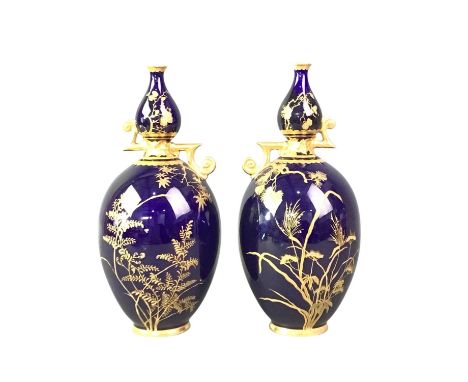 PAIR OF ROYAL CROWN DERBY COBALT BLUE OVOID VASES, decorated with leaves in gilt, along with a Paris porcelain square section