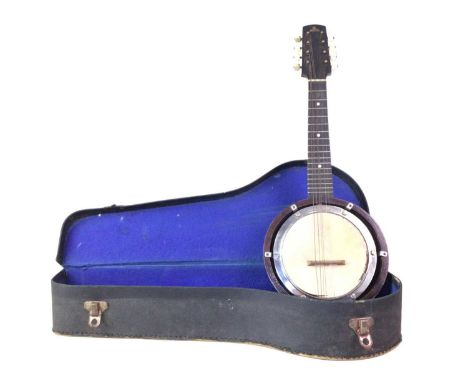 VINTAGE BANJO, MID 20TH CENTURY marked British Made, with mother of pearl inset disks to the neck, cased in stained oak, with