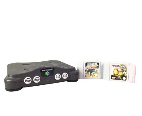 NINTENDO, VINTAGE N64 CONSOLE, ALONG WITH GAMES AND ACCESSORIES in black, along with eight control pads and games including W