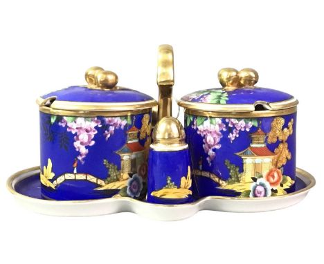 NORITAKE CONDIMENT SET, the five peace set in cobalt blue, with gold accents10cm x 20cmScratches, paint and gilt scratched of