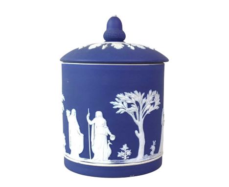 WEDGWOOD BISCUIT BARREL, AND OTHER CERAMICS the jasperware barrel and lid with classical relief decoration in white on a blue