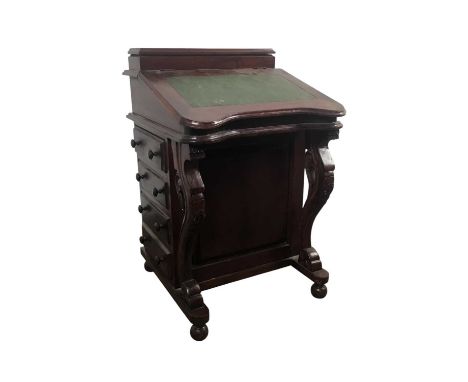 REPRODUCTION MAHOGANY DAVENPORT with hinged top with green leather skiver, fitted interior and four side drawers84cm high, 60