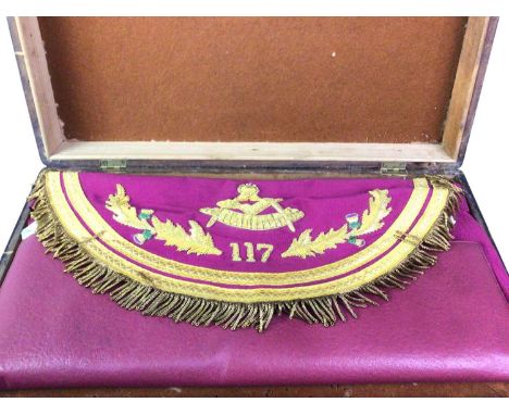 GROUP OF MASONIC ITEMS, including a cased apron bearing the retailers label for Toye, Kenning &amp; Spencer Ltd, brass Masoni
