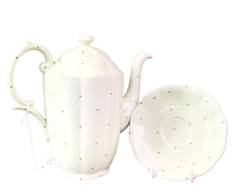 ROYAL ALBERT CELADON POLKA DOT PART COFFEE SERVICE, comprising four cups, two saucers, coffee pot, sugar and cream, along wit