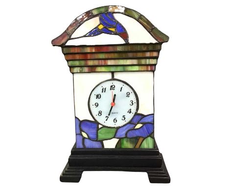MODERN TIFFANY STYLE LAMP, MODELLED IN THE FORM OF A MANTEL CLOCK, along with a gilt plaster table lamplarger 36cm highQty: 2