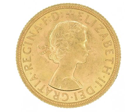 Queen Elizabeth II, Sovereign, 1958. Queen Elizabeth II, Sovereign, 1958, Young laureate head r. R. St. George and dragon, go