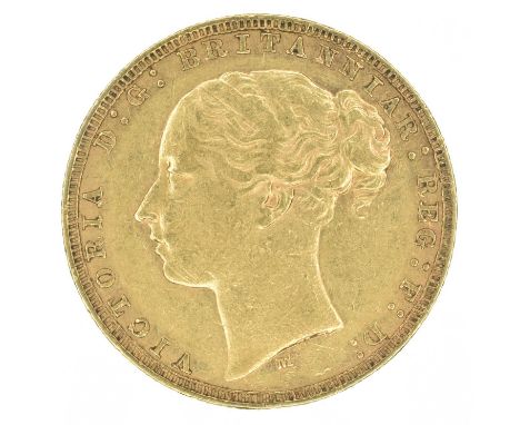 Queen Victoria, Sovereign, 1880, Melbourne Mint. Queen Victoria, Sovereign, 1880, First head l. WW buried in trun, M below he