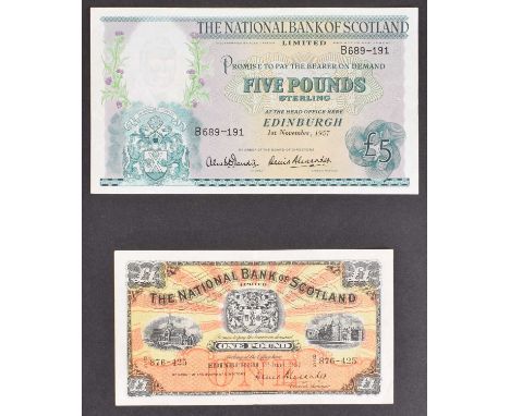 Three National Bank of Scotland banknotes (3). Three National Bank of Scotland banknotes to include two Five Pounds banknotes