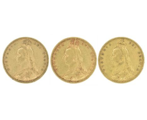 Three Queen Victoria, Half-Sovereigns, 1887, 1892 x 2 (3). Three Queen Victoria, Half-Sovereigns, 1887, 1892 (2), Jubilee bus