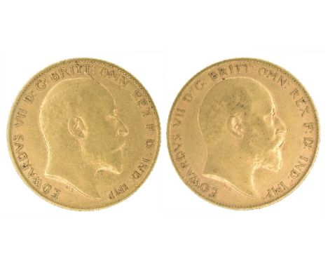 Two King Edward VII, Half-Sovereigns, 1908 and 1910 (2). Two King Edward VII, Half-Sovereigns, 1908 and 1910, Bare head r. R.