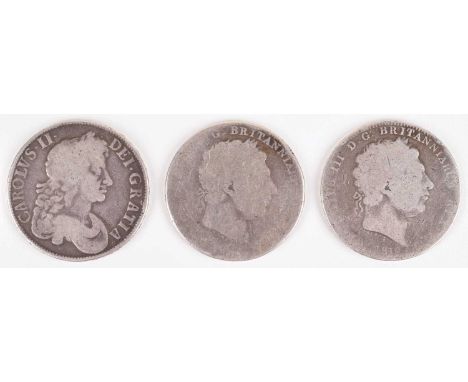 Three historical silver Crowns to include Charles II, 1677 silver crown (3). Three historical silver crowns to include King C