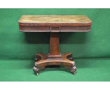 Rosewood D shaped card table, the top lifting to reveal green baized lined playing surface, supported on a square outward tap