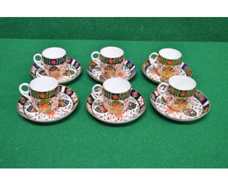 Set of six Royal Crown Derby Imari style pattern cups and saucers having blue back stamp and also stamped Derby