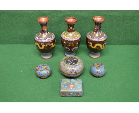 Group of Cloisonne ware to comprise: pair of dragon decorated vases - 9.25" tall, single floral decorated vase - 9" tall, cir