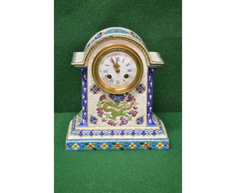 8 day ceramic mantle clock, the case being decorated with Oriental scenes of dragons and flowers with an arched top and havin