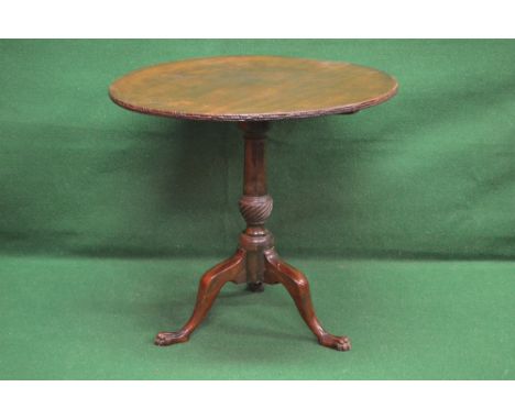 Mahogany tip top tripod table, the top having carved edge and supported on turned and twist reeded column leading to three ca