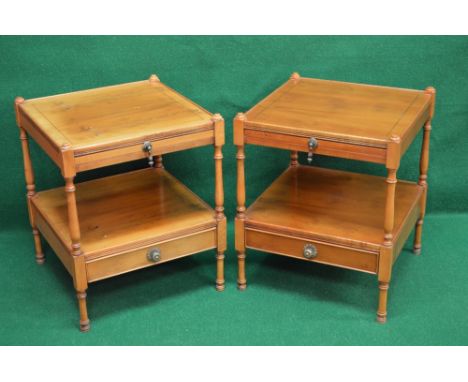 Pair of late 20th century yew wood lamp tables having square tops with string inlaid border, single pull out slides, supporte