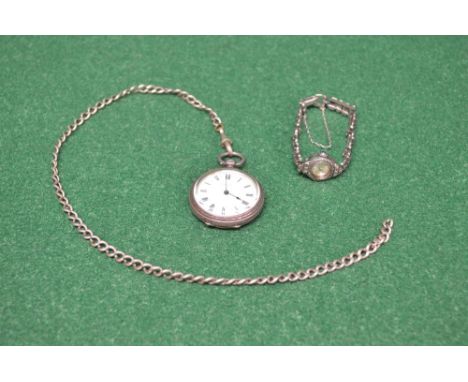 L Cole, silver pocket watch on chain, the case having engraved decorated back together with a ladies Rotary silver evening wa