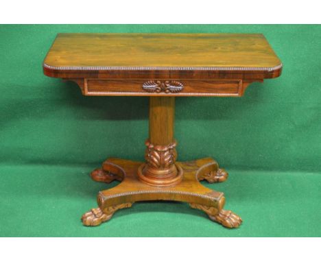 Victorian rosewood D shaped card table, the top folding over to reveal green baized playing surface, supported on cylindrical