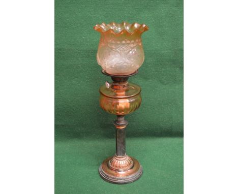 Victorian glass oil lamp having etched glass shade and glass reservoir on a copper column support leading to circular base - 
