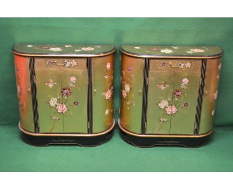 Pair of late 20th century lacquered side cabinets having gilt panels decorated with flowers and birds, each cabinet having ro