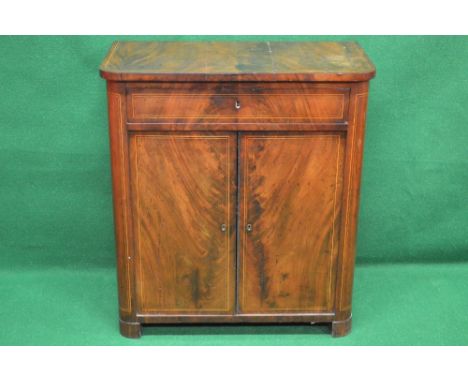 Continental mahogany side cabinet having rounded corners and string inlaid decoration with single drawer over two solid cupbo